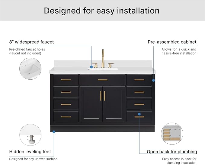 ARIEL Hepburn 60-inch Bathroom Vanity with Sink,Solid Wood, 1.5-inch Pure White Quartz Countertop & Backsplash, Single Rectangular Porcelain Sink, 2 Soft Closing Doors, 9 Dovetail Drawers, Black