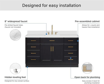 ARIEL Hepburn 60-inch Bathroom Vanity with Sink,Solid Wood, 1.5-inch Pure White Quartz Countertop & Backsplash, Single Rectangular Porcelain Sink, 2 Soft Closing Doors, 9 Dovetail Drawers, Black