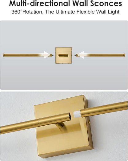 20.4 Inch Hardwired Wall Sconces Set of Two, 3000K Warm White Dimmable Modern Wall Sconces, 350° Rotate LED Light Fixtures Wall Lamp for Bathroom Living Room Bedroom Bedside, Brushed Brass
