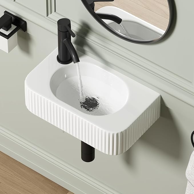 Wall Hung Bathroom Sink, QISHKA 17.5" X 11" Rectangular Floating Ceramic Wash Hand Basin White Wall Mount Vessel Sink for Small Bathroom and Small Cloakroom