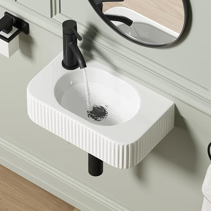 Wall Hung Bathroom Sink, QISHKA 17.5" X 11" Rectangular Floating Ceramic Wash Hand Basin White Wall Mount Vessel Sink for Small Bathroom and Small Cloakroom