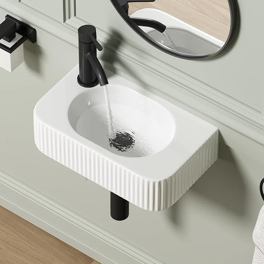 Wall Hung Bathroom Sink, QISHKA 17.5" X 11" Rectangular Floating Ceramic Wash Hand Basin White Wall Mount Vessel Sink for Small Bathroom and Small Cloakroom