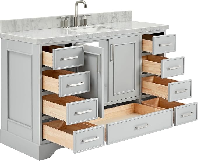 DKB Langford 54-inch Grey Bathroom Vanity with Center Rectangle Single Sink, Italian Carrara Marble Countertop & Backsplash, Solid Wood Frame, Soft-Closing & Dovetail Drawers