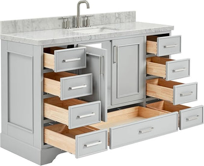 DKB Langford 54-inch Grey Bathroom Vanity with Center Rectangle Single Sink, Italian Carrara Marble Countertop & Backsplash, Solid Wood Frame, Soft-Closing & Dovetail Drawers