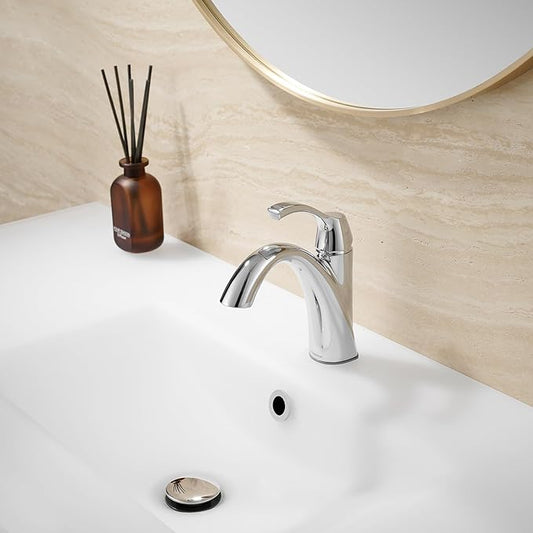 Chrome Bathroom Faucet, Single Handle Bathroom Sink Faucet for 1 Hole with 3 Holes Deck Plate, Lavatory Vanity Faucets, Pop Up Drain and Water Supply Lines Included, TAF206-CP