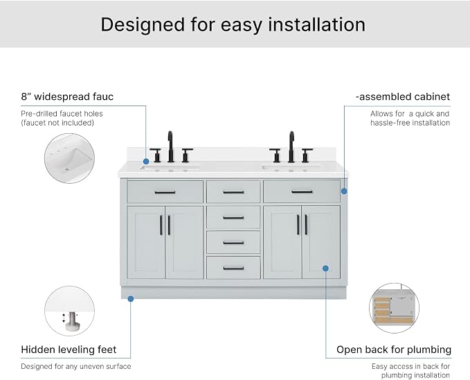ARIEL Hepburn 60-inch Bathroom Vanity with Sink,Solid Wood, 1.5-inch Pure White Quartz Countertop & Backsplash, Double Rectangular Porcelain Sink, 4 Soft Closing Doors, 6 Dovetail Drawers, Grey
