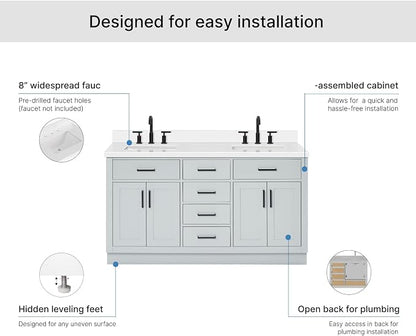 ARIEL Hepburn 60-inch Bathroom Vanity with Sink,Solid Wood, 1.5-inch Pure White Quartz Countertop & Backsplash, Double Rectangular Porcelain Sink, 4 Soft Closing Doors, 6 Dovetail Drawers, Grey