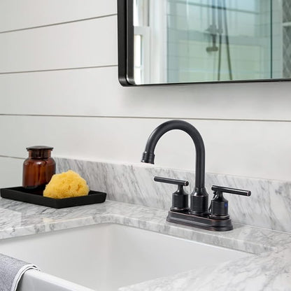 WOWOW Bronze Bathroom Faucet: Centerset, 3 Hole with Drain Stopper, Supply Hoses, 2 Handle, 360 Swivel Spout