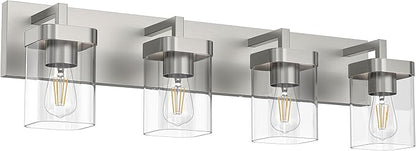 4-Light Bathroom Light Fixtures, Brushed Nickel Vanity Lights for Bathroom, Kitchen, Living Room, Modern Bathroom Vanity Lights with Clear Glass Shades