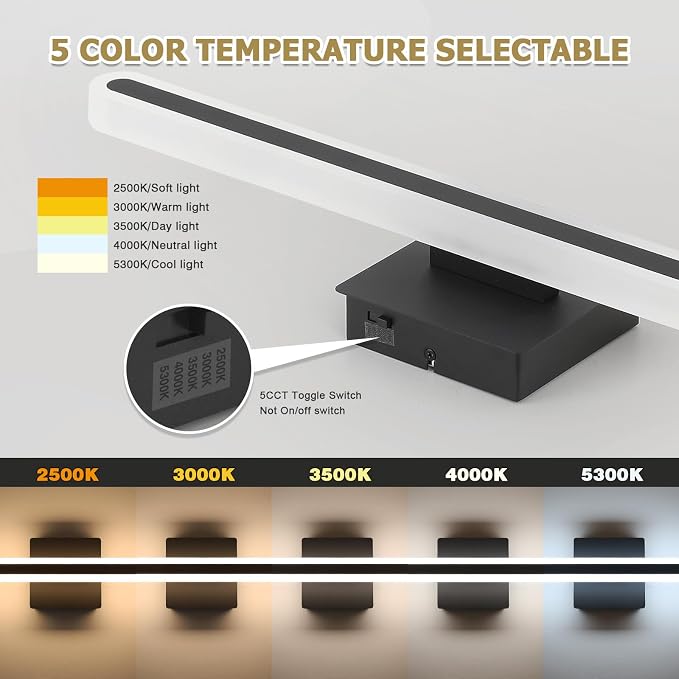 Modern Bathroom Black Vanity Light, 5CCT Dimmable Bathroom Light Bar | LED Vanity Lights Above Mirror 23.6 Inch 20W Makeup Mirror Lights