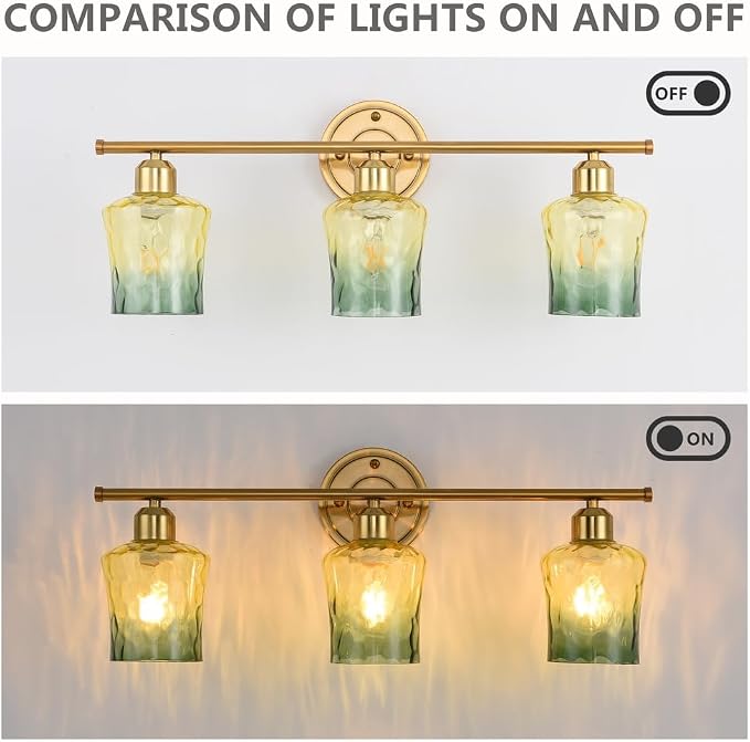 Modern 3-Light Glass Bathroom Light Over Mirror, Gold Vanity Light with Yellow Green Gradient Glass Shade, E26 Bathroom Vanity Light, for Kitchen, Hallway, Cabinet, Bedroom, Living Room