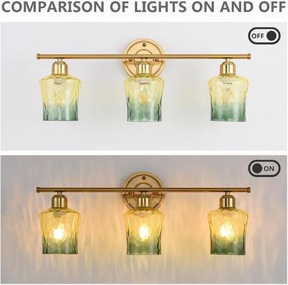 Modern 3-Light Glass Bathroom Light Over Mirror, Gold Vanity Light with Yellow Green Gradient Glass Shade, E26 Bathroom Vanity Light, for Kitchen, Hallway, Cabinet, Bedroom, Living Room