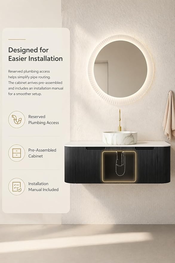 48 Inch Bathroom Vanity with Sink, Floating Wall Mounted Single Sink Vanity, Black Curved Fluted Front, Stone Top, Marble-Look Round Vessel Basin, Pre-Assembled