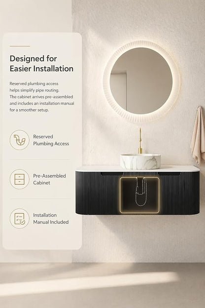 48 Inch Bathroom Vanity with Sink, Floating Wall Mounted Single Sink Vanity, Black Curved Fluted Front, Stone Top, Marble-Look Round Vessel Basin, Pre-Assembled