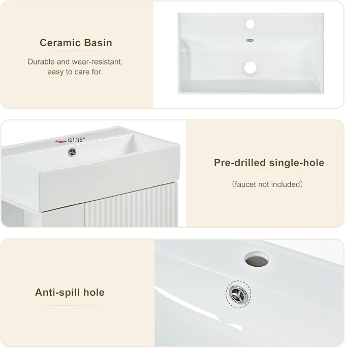 Merax 21.6" Bathroom Vanity with Single Sink, Bathroom Floor Standing Cabinet with Side Storage, Modern Bathroom Vanity with 1 Door and White Ceramic Basin Sink Top, White
