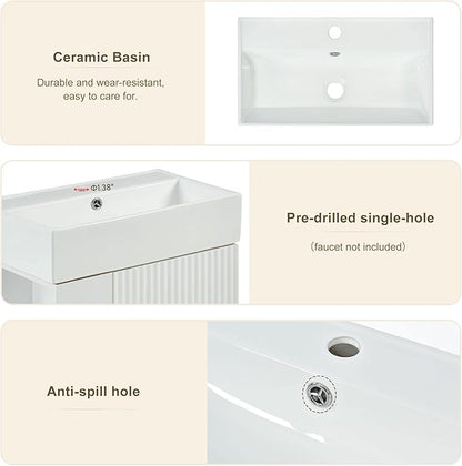 Merax 21.6" Bathroom Vanity with Single Sink, Bathroom Floor Standing Cabinet with Side Storage, Modern Bathroom Vanity with 1 Door and White Ceramic Basin Sink Top, White