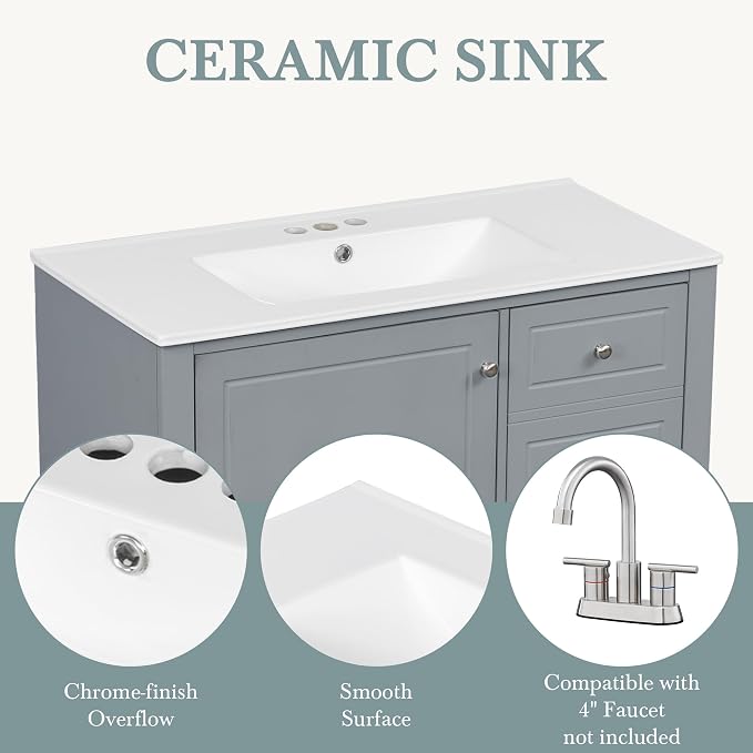Bathroom Vanity with Ceramic Sink 36 Inch, Cabinet with One Door and Three Drawers, Soft-Closing Door, Solid Wood Legs, Gray