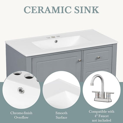 Bathroom Vanity with Ceramic Sink 36 Inch, Cabinet with One Door and Three Drawers, Soft-Closing Door, Solid Wood Legs, Gray