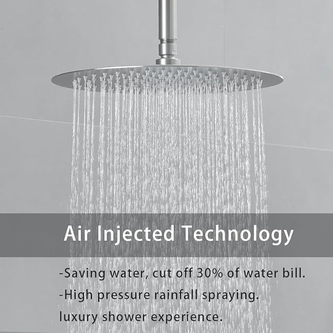 Brushed Nickel Ceiling Mount Round Rain Shower System with 12 Inch Shower Head and Handheld Bathroom Shower Set Contain Shower Faucet Trim Kit (Mixer Valve Included)