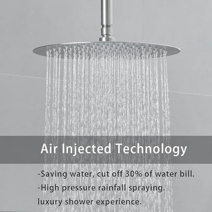 Brushed Nickel Ceiling Mount Round Rain Shower System with 12 Inch Shower Head and Handheld Bathroom Shower Set Contain Shower Faucet Trim Kit (Mixer Valve Included)