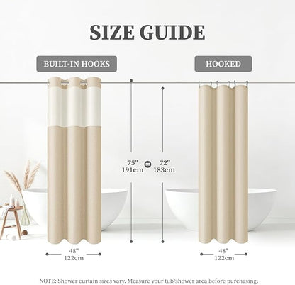 48x75 Ringless Linen Textured Shower Curtain with Snap in Liner, Cream | Stall Size, 3 in 1 Shower Curtain Set, Removable Liner, Waterproof & Washable, Mesh Top Window, Durable Fabric, Easy Setup
