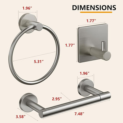 Pokim Brushed Nickel Bathroom Hardware Set - SUS304 Stainless Steel Toilet Paper Holder,Towel Ring and 2 Robe Hooks,Rustproof,Wall Mounted 4 Piece Bathroom Accessories,Easy Installation for Bathroom
