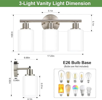 Zarbitta 3-Light Bathroom Light Fixtures, Brushed Nickel Vanity Light, Farmhouse Wall Lights with Milky White Frosted Glass Shades, Bathroom Wall Lamp for Mirror Kitchen Bedroom Hallway Living Room