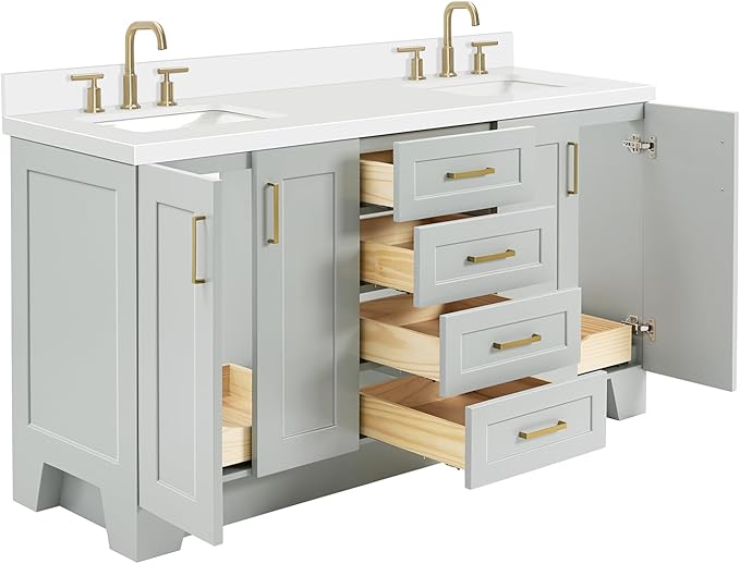 ARIEL Taylor 66-inch Bathroom Vanity with Sink,Solid Wood, 1.5-inch Pure White Quartz Countertop & Backsplash, Double Oval Porcelain Sink, 4 Soft Closing Doors, 5 Dovetail Drawers, Satin Brass, Grey