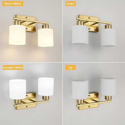 WILON 2 Light Brushed Gold Vanity Light, Bathroom Vanity Lighting Fixtures with Milk White Frosted Glass Shades, Modern Vanity Lights Over Mirror, E26 Wall Sconce for Restroom Living Room Bedroom