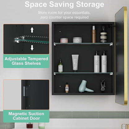 16x28 Inch Medicine Cabinet with Mirror, Recessed or Surface Mount Bathroom Medicine Cabinet with LED Lights, Anti-Fog, Memory Function, Adjustable Shelf, Dimmable Light, ETL Listed, Gold,Right Hinge