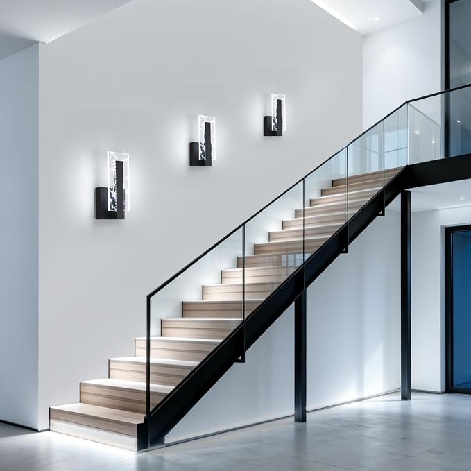 Modern LED Acrylic Black Wall Sconce, 6000K Cool White Bathroom Wall Sconces Set of 2, Hardwired Wall Mount Light Fixtures, 8W Indoor Wall Light Fixtures for Living Room Corridor Bedside