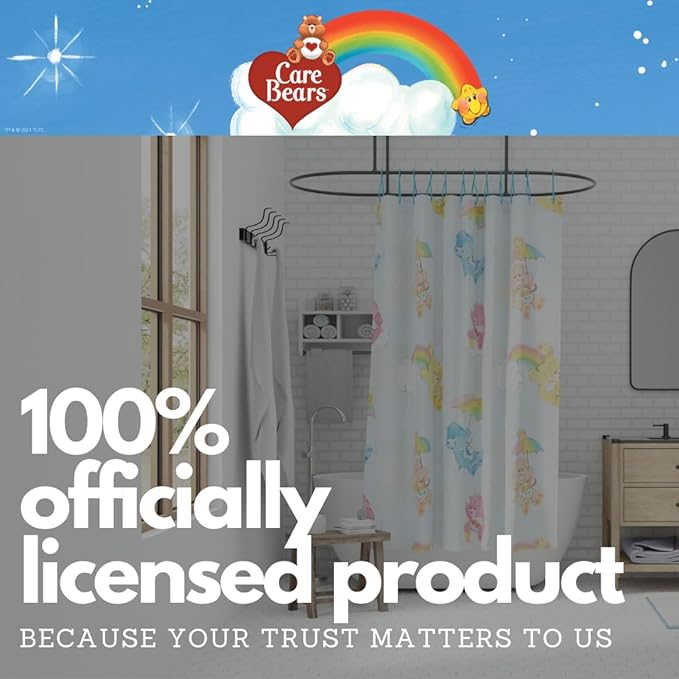 Care Bears 13-Piece Shower Curtain Set, 72 x 72 Inch Fabric Curtain with Hooks, Bathroom Decor, Machine Washable, (100% Officially Licensed Product) by Franco Collectibles