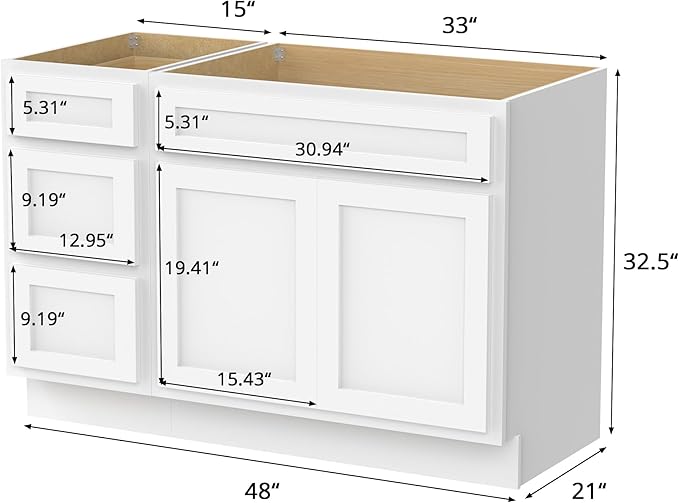 Vanity Art 48 inch Bathroom Vanity with Double Shutter Door, Wood Bathroom Vanity Cabinet with Soft Closing Shaker Drawer, Sturdy Floor Mounted Storage Cabinet Organizer for Bathroom, VA4048-3-W