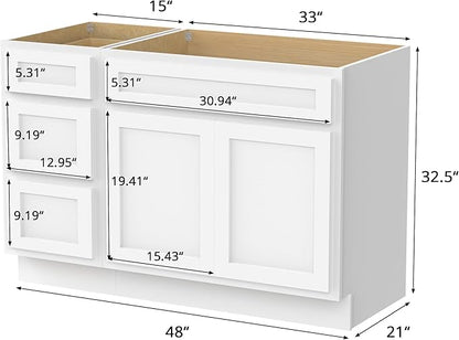 Vanity Art 48 inch Bathroom Vanity with Double Shutter Door, Wood Bathroom Vanity Cabinet with Soft Closing Shaker Drawer, Sturdy Floor Mounted Storage Cabinet Organizer for Bathroom, VA4048-3-W