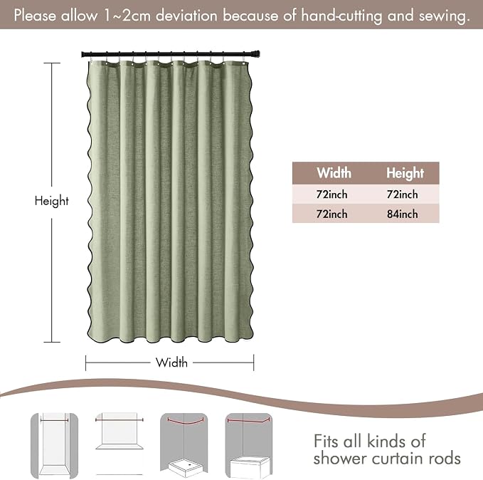 MIULEE 84" Long Sage Green Scalloped Linen Shower Curtain 72W x 84L | 12 metal hooks, Linen scalloped, waterproof washable, thick heavy cloth, black border, boho farmhouse, bathroom hotel use