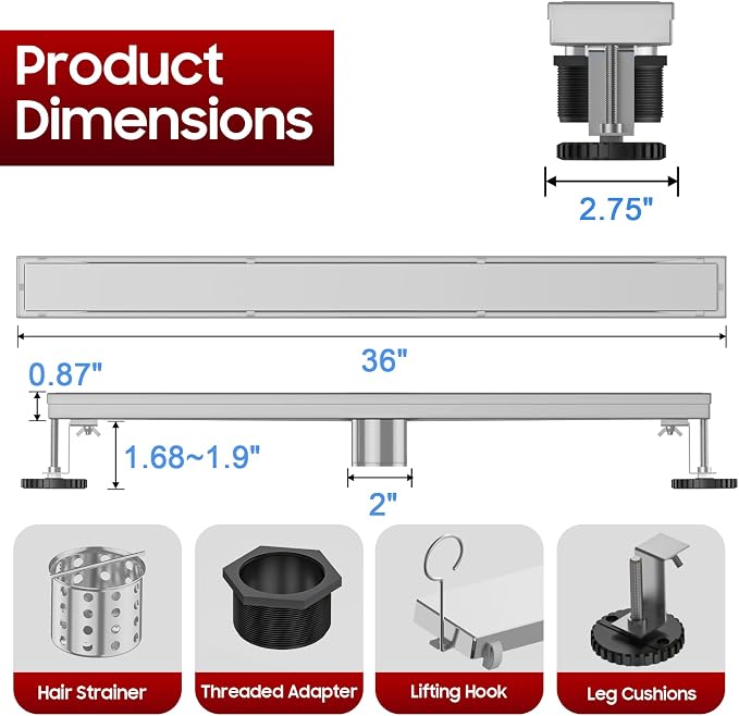 DLONE® Linear Shower Drain - 36 Inch Brushed Nickel, with Tile Insert Panel | AISI 304 Stainless Steel Linear Drain, Rectangle Shower Floor Drain, with Adjustable Feet, Fits Bathroom & Balcony etc
