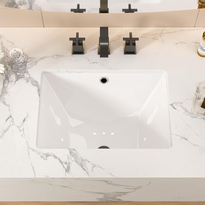 18.5x14 Inch White Ceramic Undemrount Bathroom Sink | undemrount rectangle Under Counter Lavatory Vanity Sinks Basin for Bathroom