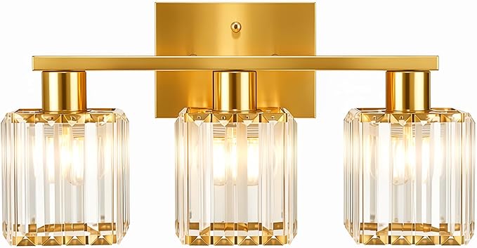Crystal Bathroom Light Fixtures, 3-Light Brushed Gold, Vanity Lights for Bathroom Over Mirror, Modern Bath Wall Sconce for Mirror Bedroom Living Room