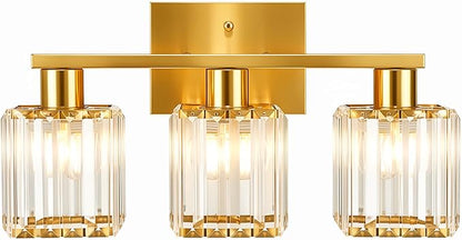 Crystal Bathroom Light Fixtures, 3-Light Brushed Gold, Vanity Lights for Bathroom Over Mirror, Modern Bath Wall Sconce for Mirror Bedroom Living Room