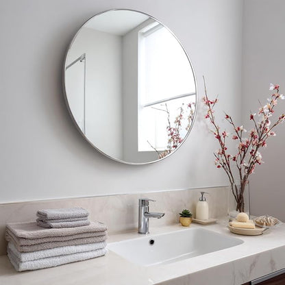 Bathroom Mirror 36 inch, Silver Round Mirror, Brushed Metal Frame | High Definition Mirror, Waterproof, Easy installation, perfect for Living room, Bathroom, Hallway, Bedroom, Cloakroom