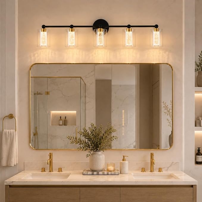Black and Gold Vanity Light with 3 Color Modes, Eye Protection LED Bathroom Light Fixtures, Dimmable Modern Wall Light Over Mirror with Clear Glass Shade (Black & Gold, 5-Light)
