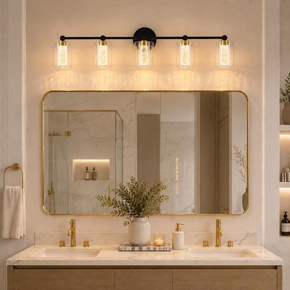 Black and Gold Vanity Light with 3 Color Modes, Eye Protection LED Bathroom Light Fixtures, Dimmable Modern Wall Light Over Mirror with Clear Glass Shade (Black & Gold, 5-Light)