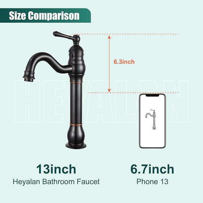 Heyalan Tall Vessel Sink Faucet, Single Handle 1-Hole,Oil Rubbed Bronze | SUS304 stainless steel, 360° swivel spout, includes pop-up drain & hoses, deck mount 1-hole, tall design for vessel sink