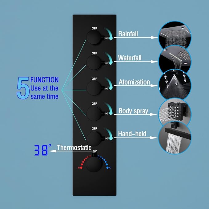 Enga Full Body LED Thermostatic Shower System with Body Jets, 20-Inch 3 Function Shower Head (Rainfall & Mist & Waterfall), Luxury Multi Function Rain Shower Faucet Set, Matte Black