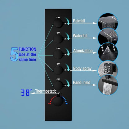 Enga Full Body LED Thermostatic Shower System with Body Jets, 20-Inch 3 Function Shower Head (Rainfall & Mist & Waterfall), Luxury Multi Function Rain Shower Faucet Set, Matte Black