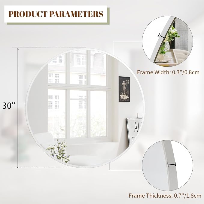 BEAUTYPEAK 30 Inch Round Mirror, Metal Frame Circle Mirror, White | Wall Mounted for Entryway, Bathroom, Vanity, Living Room