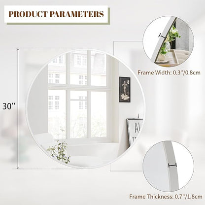 BEAUTYPEAK 30 Inch Round Mirror, Metal Frame Circle Mirror, White | Wall Mounted for Entryway, Bathroom, Vanity, Living Room