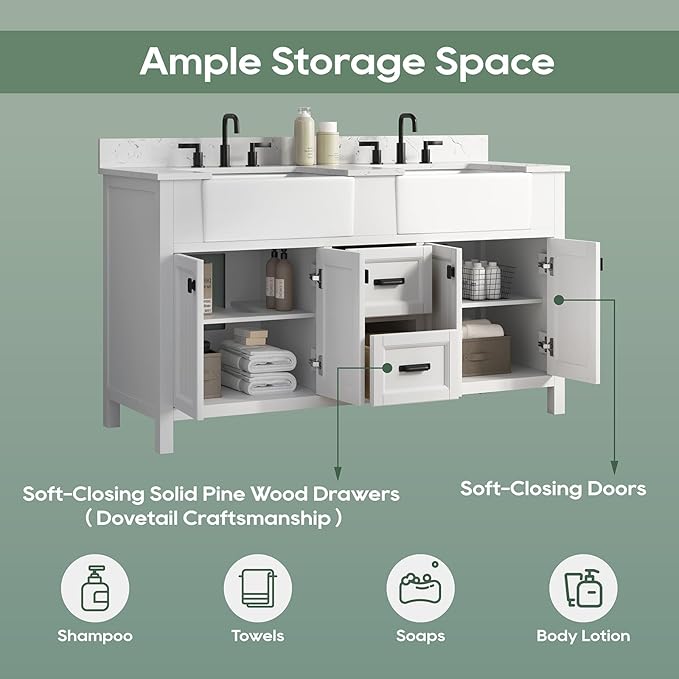 60 Inch White Bathroom Vanity with Double Sink, Farmhouse Bathroom Vanities Cabinet with Soft Closing Doors & Dovetail Drawers, Vanity for Bathroom with Apron Farm Sink, Adjustable Feet