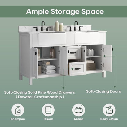 60 Inch White Bathroom Vanity with Double Sink, Farmhouse Bathroom Vanities Cabinet with Soft Closing Doors & Dovetail Drawers, Vanity for Bathroom with Apron Farm Sink, Adjustable Feet
