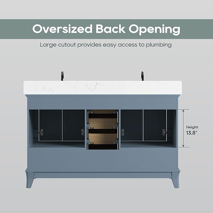 60 Inch Bathroom Vanity with Double Sink, Modern Solid Wooden Frame Bathroom Sink Cabinet with Soft Closing Doors & Dovetail Drawers, Quartz Countertop, Adjustable Feet, Steel Blue